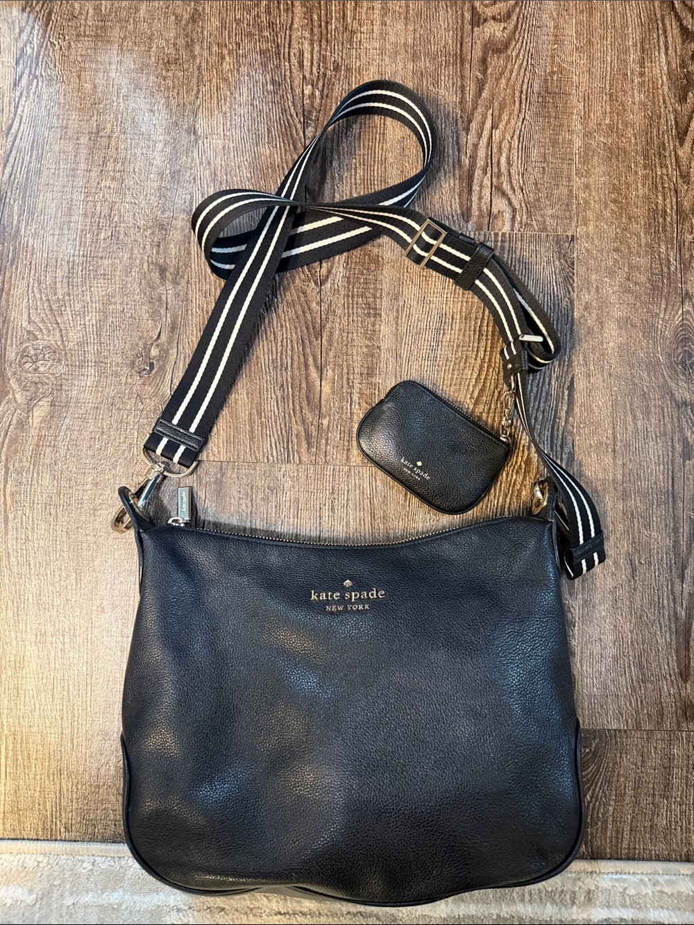 kate spade black leather shoulder bag with striped strap